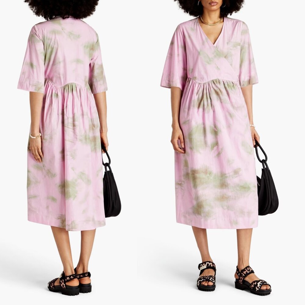 Poplin Pink Tie-Dye V-Neck Midi Dress